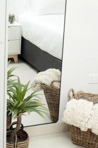 einen Spiegel in einem Schlafzimmer mit einem Bett und einer Pflanze in der Unterkunft Willow Villa Apartments, at The Fig in Gaborone + 10 Fotos