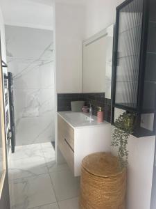a white bathroom with a sink and a mirror at T2 cosy au calme , proche Dax in Tercis-les-Bains +8 photos