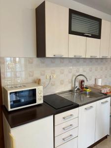 a kitchen with a microwave and a sink at Apartman Solis in Igalo