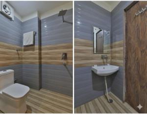 two pictures of a bathroom with a toilet and a sink at Hotel Jhanki Residency Near Kashi Temple in Varanasi +19 photos