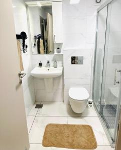 a bathroom with a toilet and a sink and a shower at Dream Holiday Apartments in Skopje +7 photos