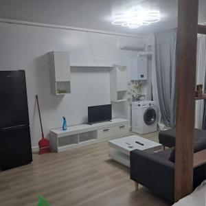 a living room with a couch and a microwave at Trio Caracatita in Otopeni