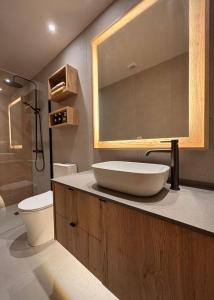 a bathroom with a sink and a toilet and a mirror at La Plana allotjament rural in Aviá