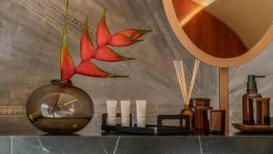 eine Theke mit einem Spiegel und einer Vase mit roten Blumen in der Unterkunft Pousada Aero Sofiste in Divino de São Lourenço + 27 Fotos