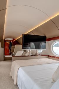 ein Schlafzimmer mit einem großen Bett in einem Flugzeug in der Unterkunft Pousada Aero Sofiste in Divino de São Lourenço