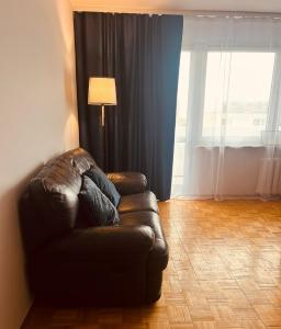 a leather couch in a living room with a lamp at Włocławek Norwida in Włocławek