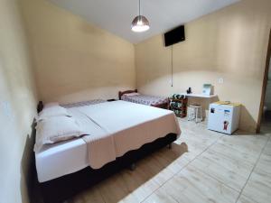 a bedroom with a bed and a desk in it at Pousada Coqueiros in Delfinópolis
