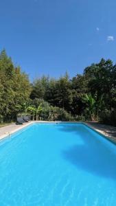 Una gran piscina azul con árboles al fondo. en Gîte avec piscine - La Chapelle, en Graulhet