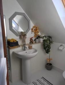 a bathroom with a sink and a mirror at Sunnyside Cottage in Great Sampford