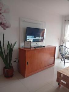 sala de estar con TV en un armario de madera en Apartamento para 4 personas, en Asunción