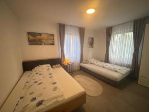 a small room with two beds and two windows at Bellavista Home in Trimbach +3 photos