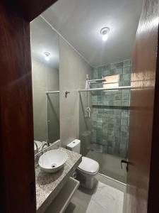 Un baño con inodoro, lavabo y ducha. en Pousada Vista do Voo, en Brumadinho