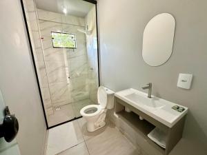 Un baño con inodoro, lavabo y ducha. en Pousada da Laís, en Blumenau