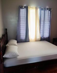 a bed with blue and white curtains in a bedroom at Nómadas del Pacífico in Tapantí