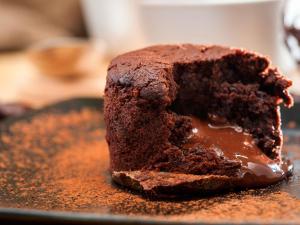 un pastel de chocolate sentado en la parte superior de un plato en ibis Bordeaux Pessac Route des Vins, en Pessac