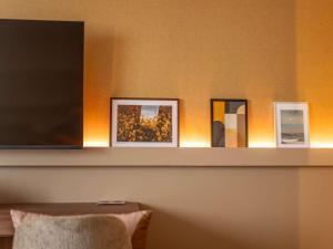 a shelf with three pictures on a wall at Pullman Toulouse in Blagnac