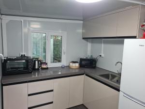 a white kitchen with a microwave and a sink at Sleeps 3 to 4 - - 200m from beach in Dunedin