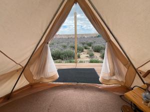 a tent with a view of a field from the inside at Glamping Rincón de Lavanda in Texcoco de Mora