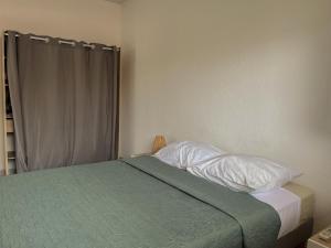 Cama con manta verde y almohadas blancas en Cocon Montabo - logement tout équipé avec climatisation et Wi-Fi - à seulement 5 min de la plage, en Cayenne 73 fotos más