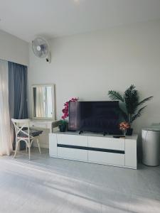 Μια τηλεόραση ή/και κέντρο ψυχαγωγίας στο Beautiful apartment by the seaside, terrace pool, free gym +16 φωτογραφίες
