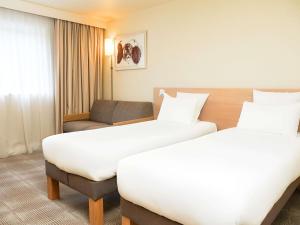 een hotelkamer met twee bedden en een stoel bij Novotel Rouen Sud Zenith Parc Expo in Saint-Étienne-du-Rouvray +71 foto's