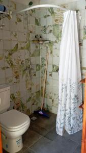 a bathroom with a toilet and a shower curtain at El buen descanso Extra Familiar in San Bernardo