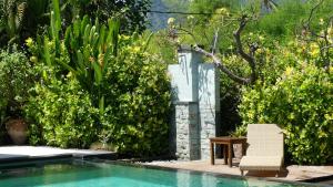 a swimming pool with a chair next to some bushes at Sunia Loka Bungalows & Dive Center in Pemuteran