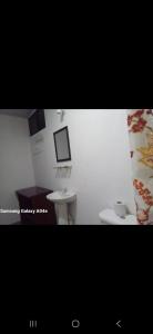 a small bathroom with a sink and a mirror at Villa Coral Gables in Puerto Jiménez