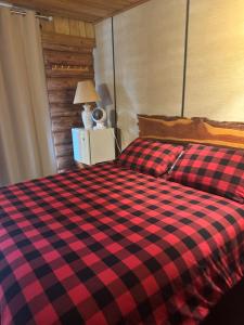 a red and black checkered bed in a bedroom at Anglemont Inn in Anglemont