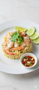 a plate with shrimp and rice and a bowl of salsa at เกาะช้างรักดี รีสอร์ท in Ko Chang