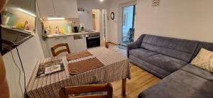 ein Wohnzimmer mit Couch und Küche in der Unterkunft Sonniges Appartement und Gästezimmer, Haus Borowiec 