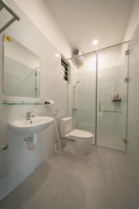 フエにあるDreams Homestay with Full Kitchen & Big Loungeの洗面台、トイレ、シャワー付きのバスルーム