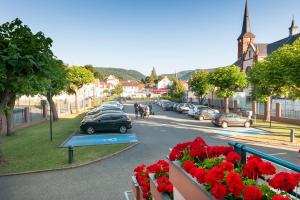 Blick auf eine Stadt mit roten Blumen auf einer Straße in der Unterkunft Grand Hôtel Filippo Strasbourg Nord in Niederbronn-les-Bains