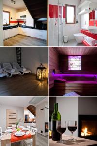 un collage de fotos de una cocina y una sala de estar en BIESZCZADZKI RAJ Komfortowe domy z kominkami i Sauną na obiekcie, en Olchowiec
