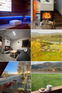 un collage de fotos de una casa con chimenea en BIESZCZADZKI RAJ Komfortowe domy z kominkami i Sauną na obiekcie, en Olchowiec