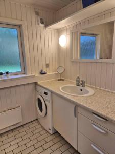 a bathroom with a sink and a washing machine at Unobstructed Summer House In Lovely Langeland in Tranekær +26 photos