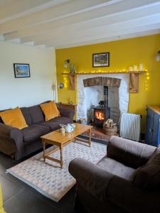 a living room with couches and a fireplace at Bwthyn Heddwch - Peace Cottage in Machynlleth