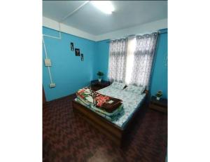 a bedroom with a bed in a blue room at Ngima woizer Homestay,Tawang in Tawang +4 photos