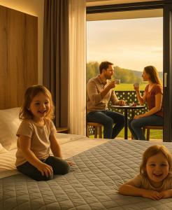 a family sitting on a bed in a hotel room at 5KA Family Apartments Waterbeds, Café, Playground & Nature near Ljubljana, 4 min from A2 in Velika Loka