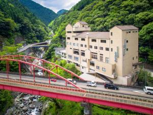 a red bridge over a highway with a building and a road at Hotel Obokekyo Mannaka in Miyoshi
