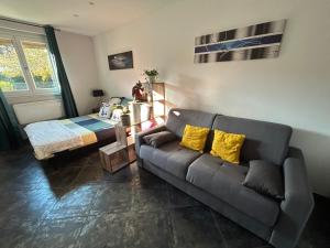 een woonkamer met een bank en een bed bij Colmar joli petit appartement in Colmar