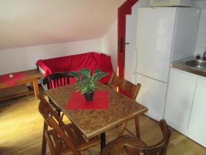 Saint-Aquilin-de-Pacy的住宿－Le Grenier A Crepes，厨房里摆放着盆栽植物的桌子