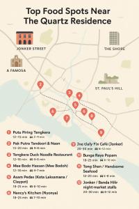 a map of the top food spots near the quark refuge at The Quartz Residence - Melaka in Melaka +44 photos