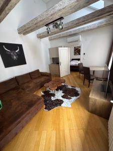 salon z brązową kanapą i stołem w obiekcie Ultimate Group Getaway - Three of Everything! w Bratysławie +9 zdjęć