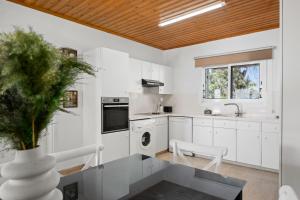 een keuken met witte kasten en een vaas met een plant bij Shoreline Beach House in Larnaka