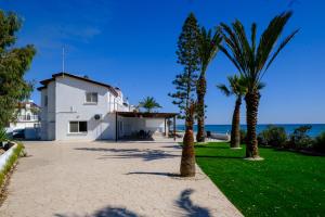 een wit gebouw met palmbomen naast de oceaan bij Shoreline Beach House in Larnaka