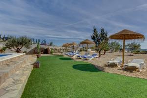 a lawn with chairs and umbrellas and a pool at Villa Damara in Albox