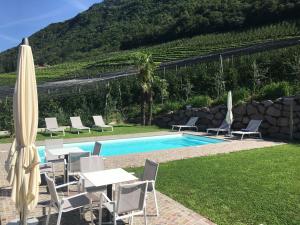 a pool with chairs and a table and a umbrella at Moar Lodge in Postal