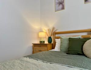 ein Schlafzimmer mit einem Bett und einer Lampe auf einem Nachttisch in der Unterkunft Cottage Apartman Gyula in Gyula