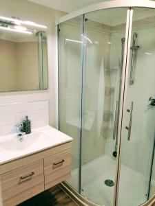 a bathroom with a shower and a sink at Natures Hideout Private home Luxury in Mourea +49 photos